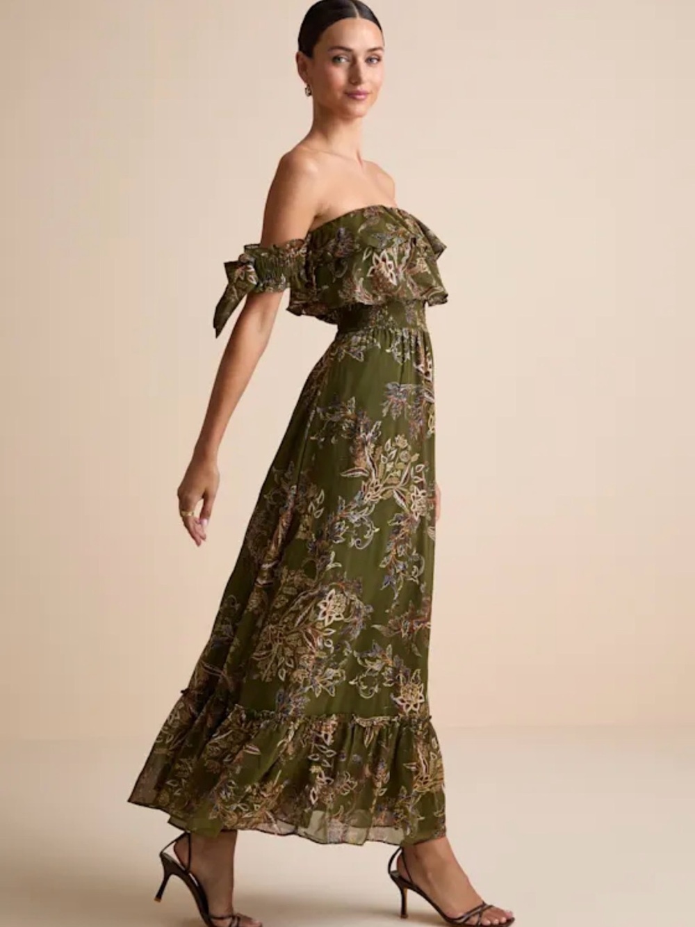 NWT Lulu’s Off-Shoulder Olive Floral Maxi Dress